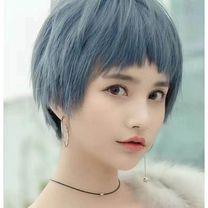 Wig lady foggy blue short hair dog nibbling on Liu Hai neutral wind natural teenage girl full head-Taobao