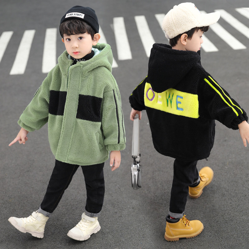 Boys lamb velvet jacket autumn and winter style quilted 2022 new children's thickened jacket foreign style fried street hooded windbreaker