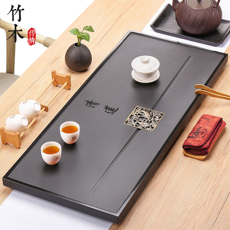 Bamboo and wood teaser black gold stone tea tray natural whole piece of household simple tea sea tea set black gold stone tea table can be customized