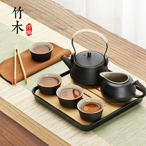 Black Pottery Travel Tea Set Suit Outdoor Carry-on Portable Containing bag Ceramic Gongfu Tea with tea tray One pot of four glasses