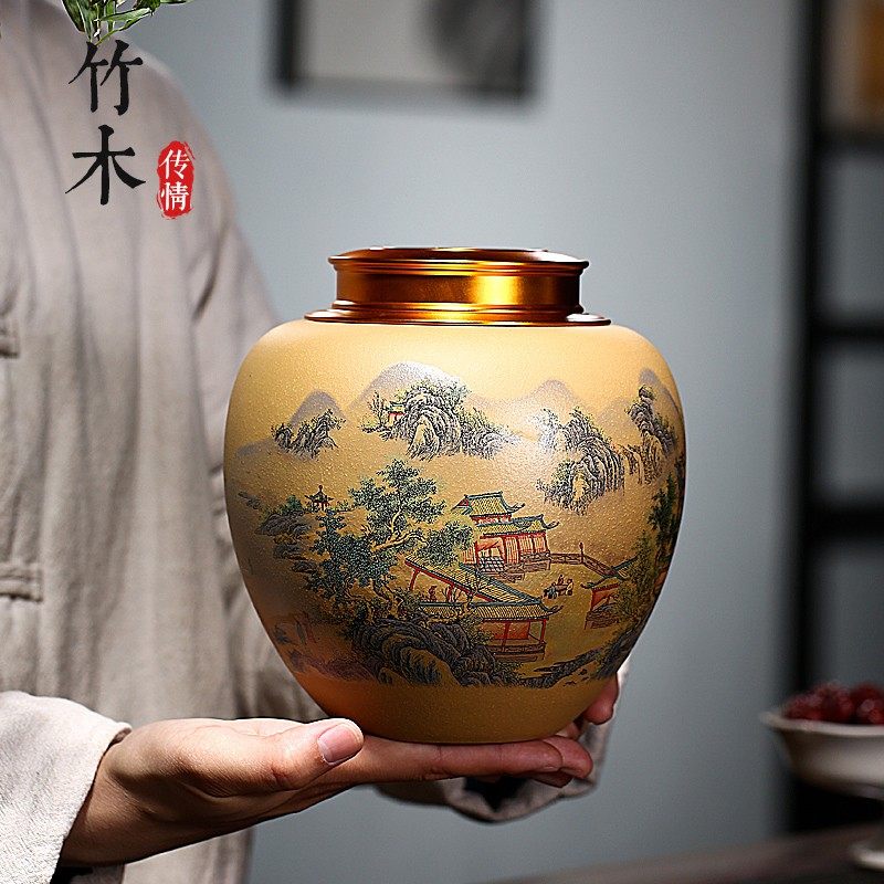 Purple sand tea pot large one catty tin lid moisture-proof ceramic sealed pot storage pot Pu'er tea loose tea storage pot