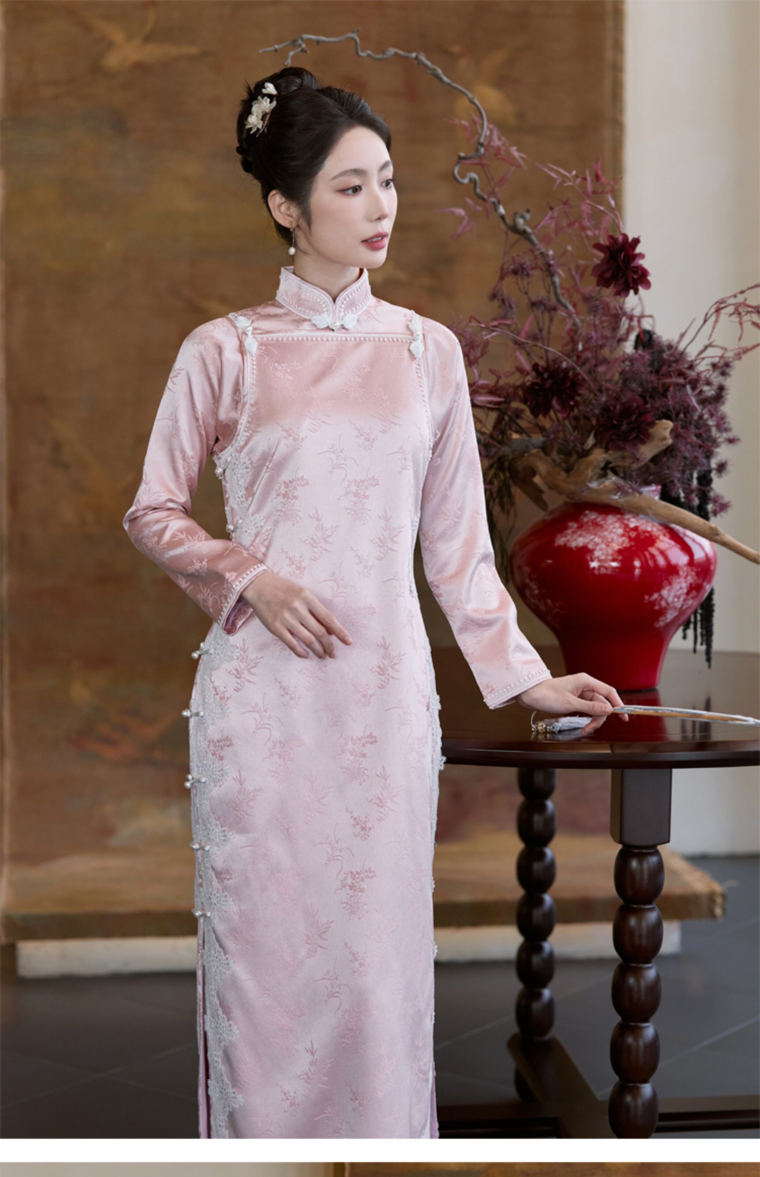 pink chinese style dress Chinese style Blushing Pink Sequins Cheongsam Evening Dresses 2024 Trumpet / Mermaid High Neck Puffy Short Sleeve Bow Tea-length Evening Party Formal Dresses