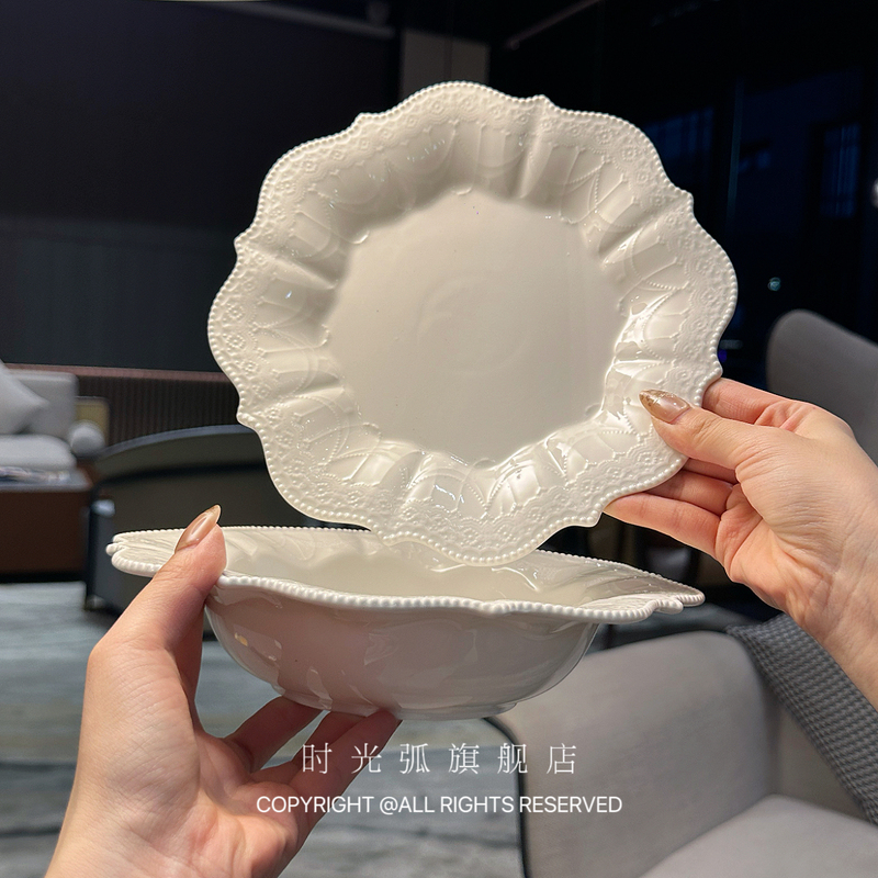 *Owner's Personal Use* French-Style Dreamy Waltz Royal Embossed Light Luxury Lace Straw Hat Plate for Pasta and Western Food Presentation