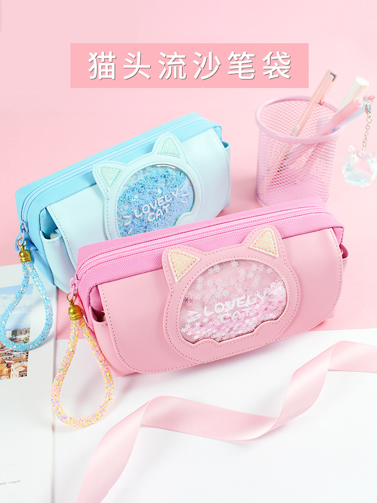 Internet celebrity quicksand pencil bag female simple primary school students Korean version of ins tide large capacity Japanese junior high school student stationery box children cute girl heart pencil case bag creative multi-functional high-value stationery bag
