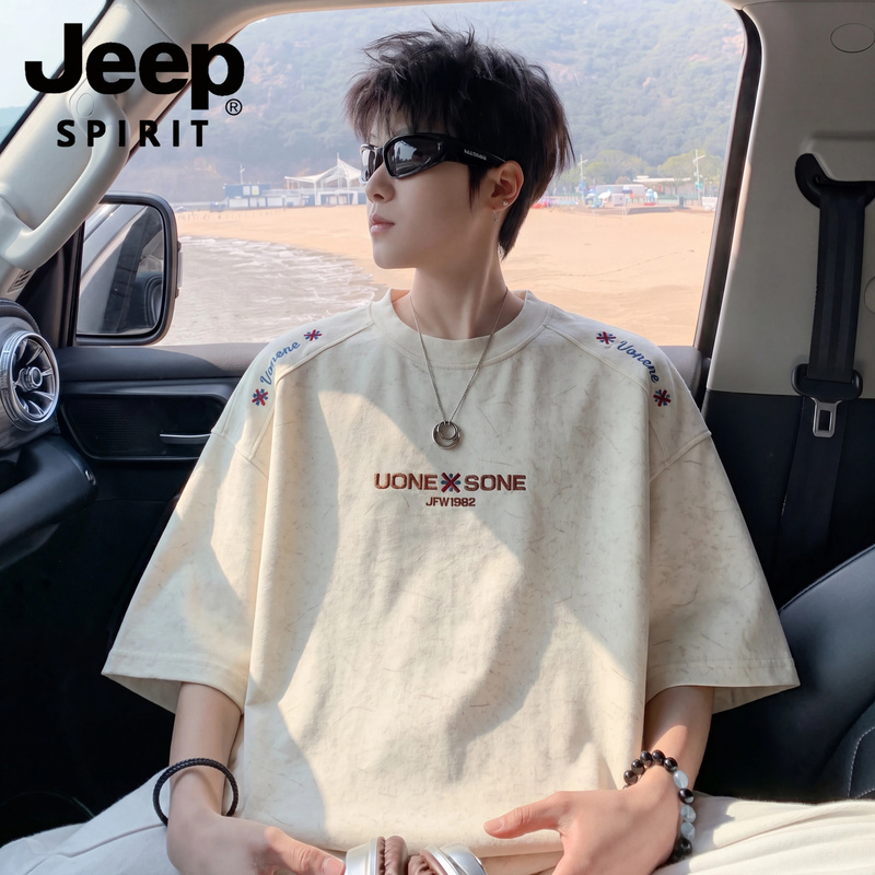 Jeep Spirit Jeep American Fashion Brand Embroidered Short-Sleeved T-Shirt Men's Summer Retro Casual Sports Half-Sleeved Top Jeep Spirit Jeep American Fashion Brand Embroidered Short-Sleeved T-Shirt Men's Summer Retro Casual Sports Half-Sleeved Top