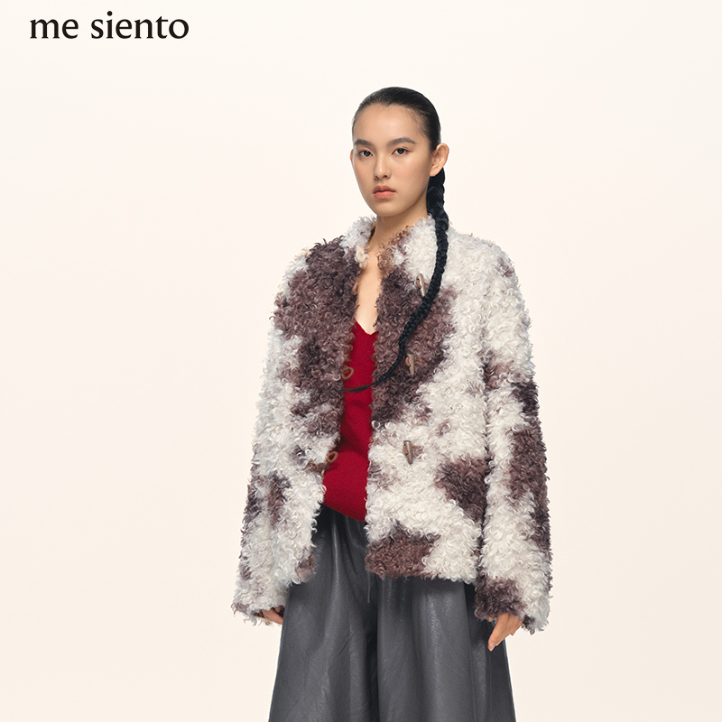 【Same Style as Zhang Miao Yi】Me Siento Cow Print Color-Blocked Original Fashion Short Plush Jacket