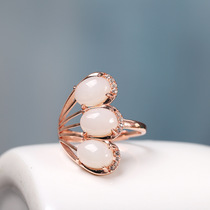 Zodiac year fashion ring S925 silver jewelry womens gold-plated Hetian white jade ring open index finger ring gift
