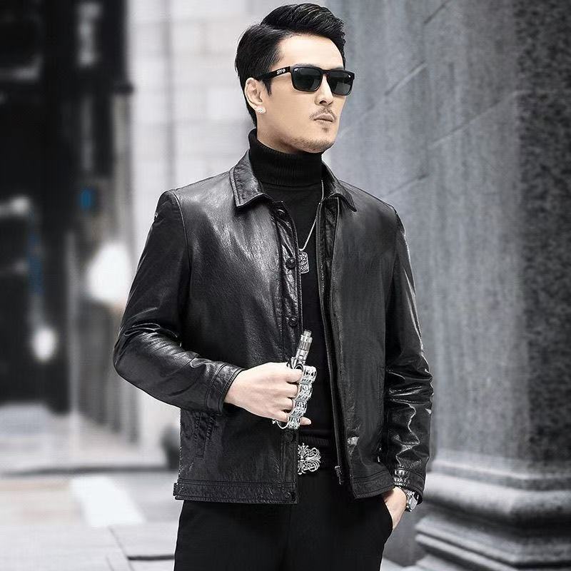 Genuine Leather Jacket for Men, New Autumn and Winter Style, Oil-Waxed Calfskin, Short Style, Turn-Down Collar, Business Casual Genuine Leather Jacket, down Coat
