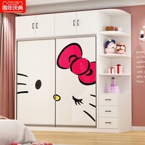 Solid wood childrens wardrobe Push-pull sliding door modern minimalist princess bedroom girl storage cabinet Girls large wardrobe