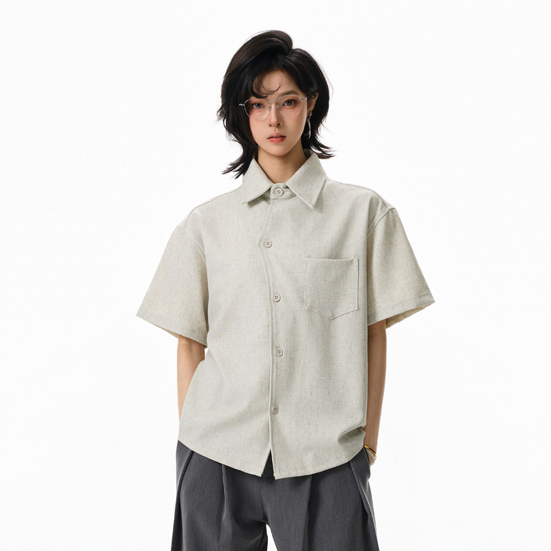 Bflc'Linen Tencel' Thin Breathable Short-Sleeved Irregular Collar Shirt, Casual Style Couple Shirt for Men, Trendy Bflc'Linen Tencel' Thin Breathable Short-Sleeved Irregular Collar Shirt, Casual Style Couple Shirt for Men, Trendy