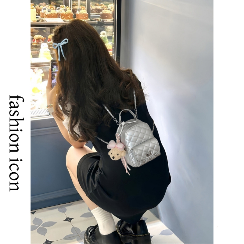 Exquisite Small Silver Diamond-Patterned Backpack for Women, 2026 New Model, High-End Niche Design, Unique Crossbody Small Backpack