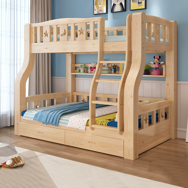 Upper and lower bed Full solid wood high and low bed Multi-functional mother and child bed Second child bed Upper and lower bunk wooden bed Double bed two layers