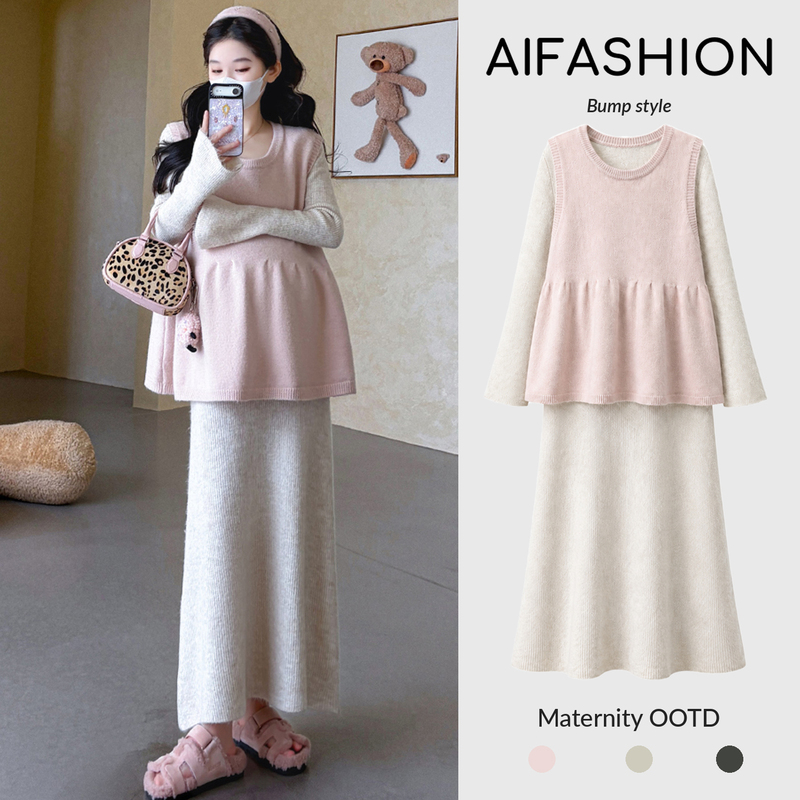 Pregnant Women's Autumn and Winter Clothing, Stylish Pink Atmosphere Vest + Bell-Sleeve Bottoming Shirt Dress Outfit Set