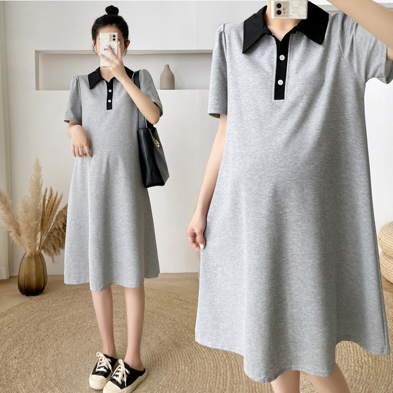 Pregnant Women summer short sleeve top summer fashion lapel over knee loose cotton pregnant women dress summer maternity dress