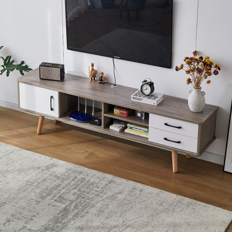 Solid wood floor TV cabinet tea table combined double layer minimalist modern light lavish small family type economical living-room bedroom