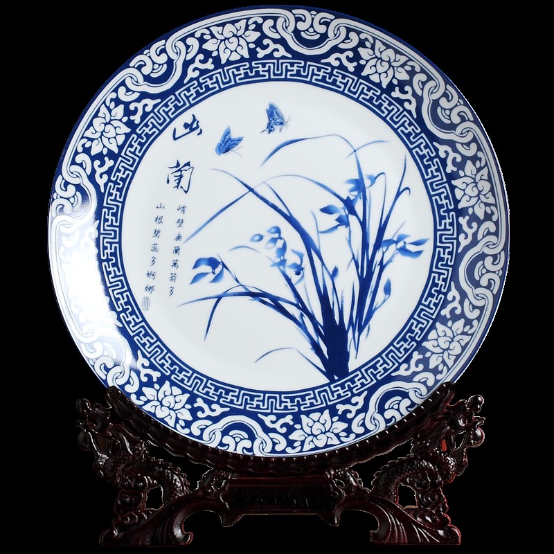 Blue and white porcelain plum orchid bamboo chrysanthemum four gentlemen decorative plate wine cabinet ornaments Bogu rack ornaments ceramics Chinese home