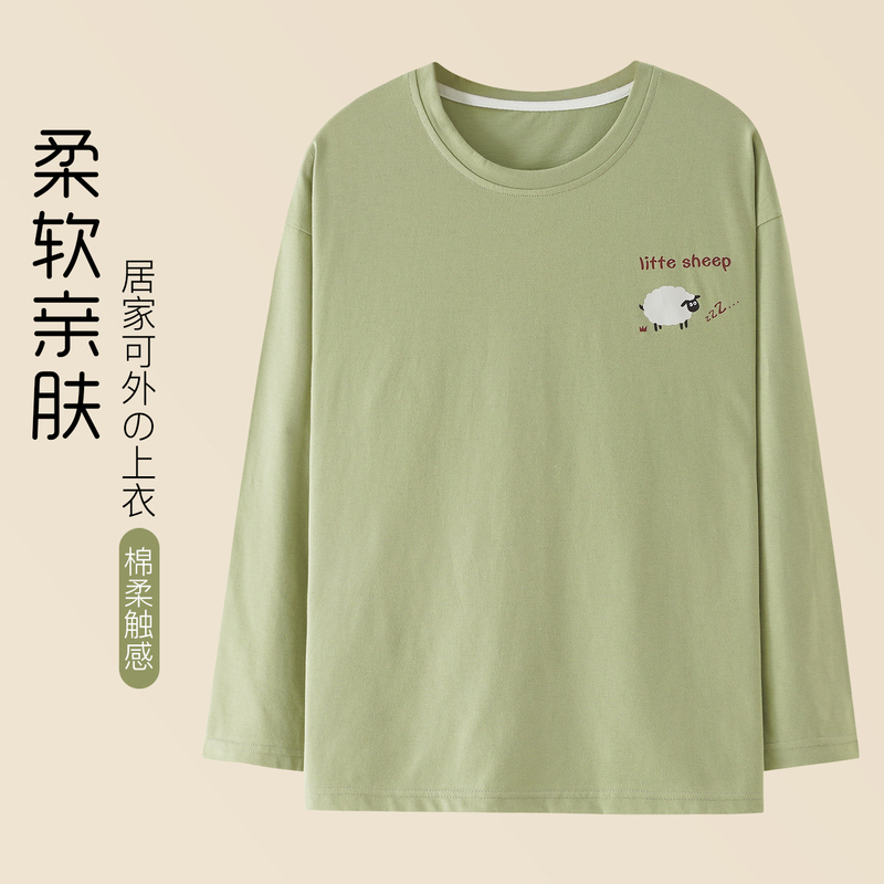 Pajama Tops for Women, Spring and Autumn, Pure Cotton, Cartoon Long-Sleeved, Loose, Large Size T-Shirt, Can Be Worn Outside, Home Wear, Single Top