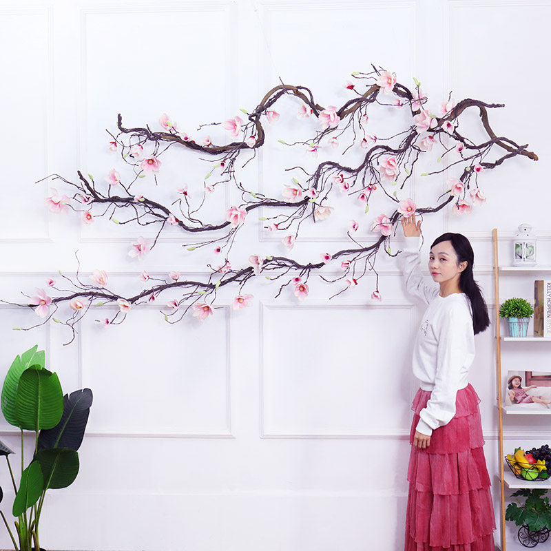 Chinese simulation tree rattan Magnolia tree Fake tree floor-to-ceiling floral window background decoration Fake flower indoor living room landscaping