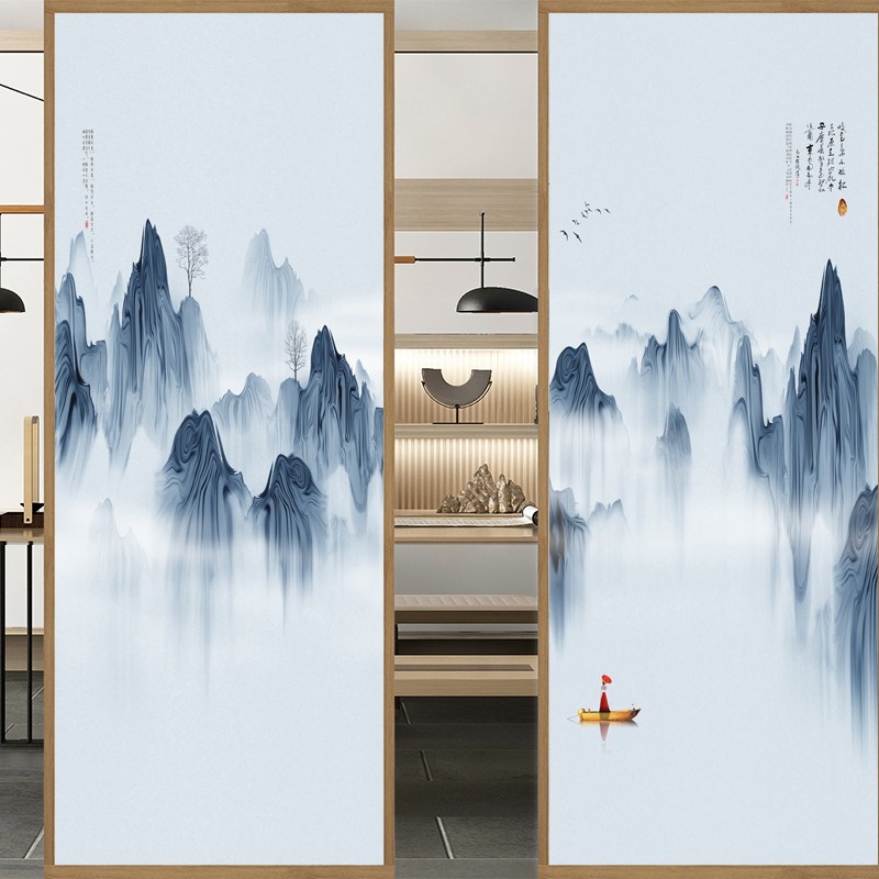 Kitchen sliding door glass sticker transparent opaque Chinese landscape living room compartment door frosted film Chinese style