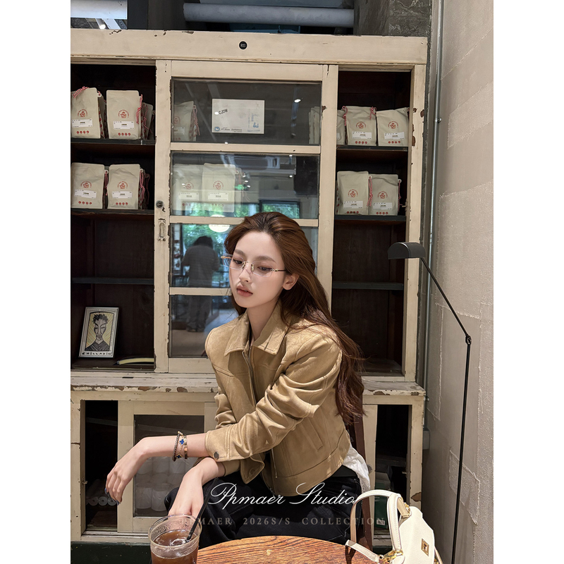 Ppmaer [Mody Street Bookstore] Khaki Leather Jacket for Women, 2026 Autumn Stylish Short Jacket