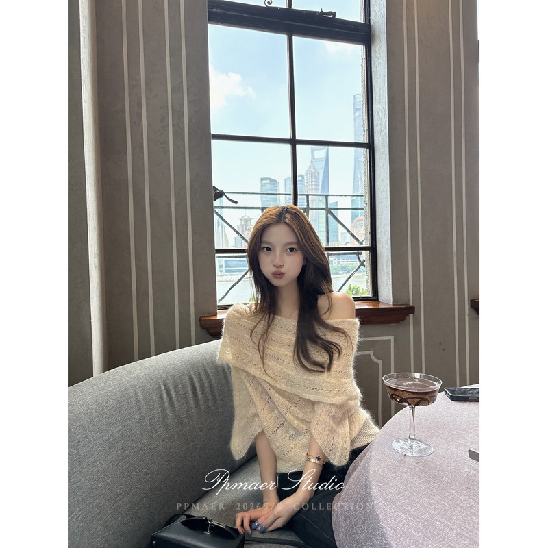 Ppmaer【Little Pure Desire】Gentle Off-Shoulder Knit Sweater for Women, 2026 Autumn Stylish One-Shoulder Top