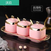 Nordic emerald seasoning jar Ceramic seasoning box set Combination of sugar and salt monosodium glutamate cans Household kitchen supplies