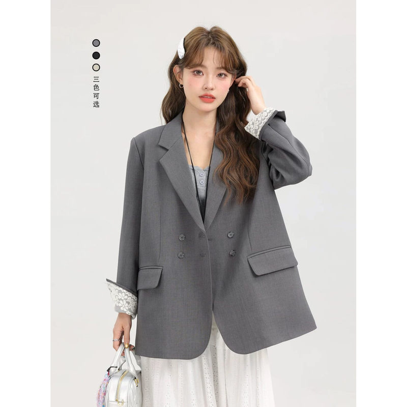 Lace Patchwork Blazer for Women, Early Spring 2026 New Super Trendy Women's Fashion, Gray Color, Popular Suit This Year