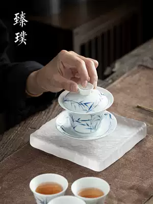 Zhenpu hand-painted white porcelain cover Bowl single tea bowl tea cup tea set Thin tire not hot hand pure handmade blue and white porcelain cover Bowl