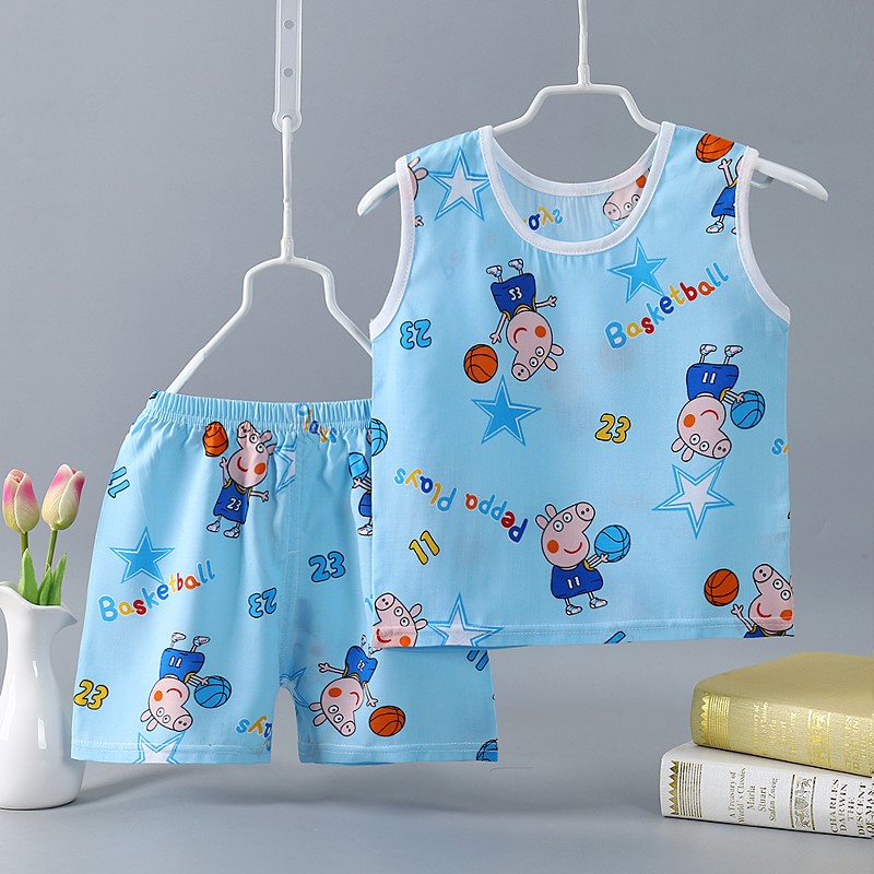 lụa Orbao trẻ em vest cô gái mùa hè mỏng bé bông lụa pajama trẻ em không tay quần áo nhà ngắn.