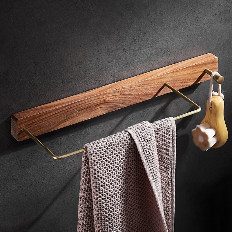 Solid Wood Plus Brass Makeup Room Hair Towel Rack Free of perforated bathroom hanger bath towels Wall Pendant With Hook Shelf