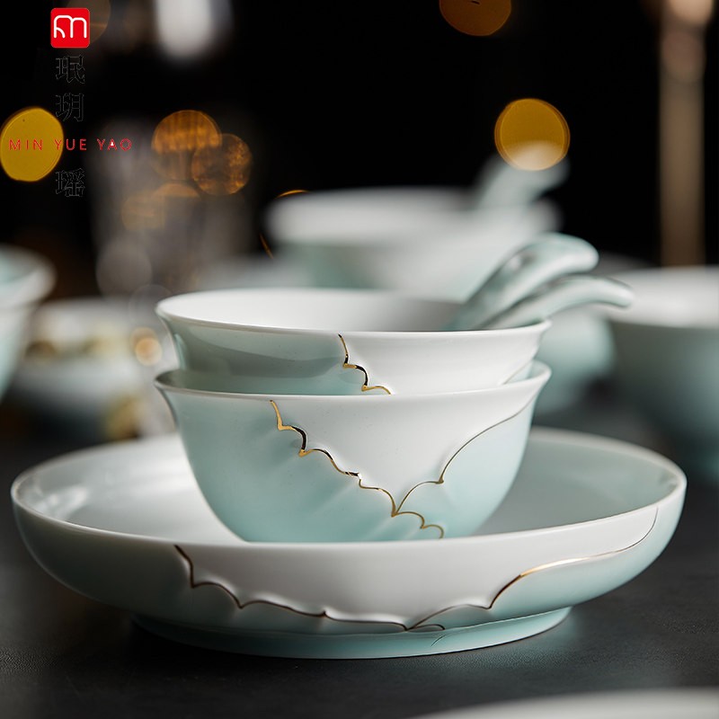 Bowl and dish set home housewarming gift ceramic tableware set high-end gift box celadon Chinese tableware rice bowl combination