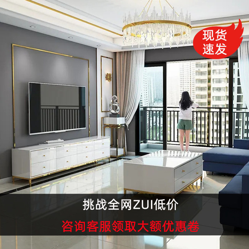 Light and luxurious TV cabinet Tea Table Composition Marble High Cabinet Modern Minima Small Household Type Living Room Wall Cabinet TV Enclosure White