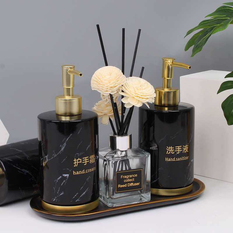 Hotel high-grade ceramic lotion bottle press hand sanitizer bottle shower gel shampoo moisture bottling bathroom tray set