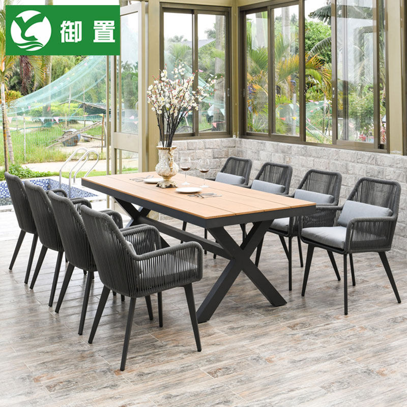 Home Outdoor Table And Chairs Rattan Chairs Big Table Villa Hotels Open Terrace Garden Outside Pendulum Dining Table And Chairs Folk rope table and chairs
