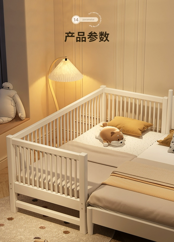 Giường ghép trẻ em bằng gỗ nguyên khối màu trắng có lan can cũi cho bé trai và bé gái tạo tác mở rộng đầu giường bé ghép giường lớn