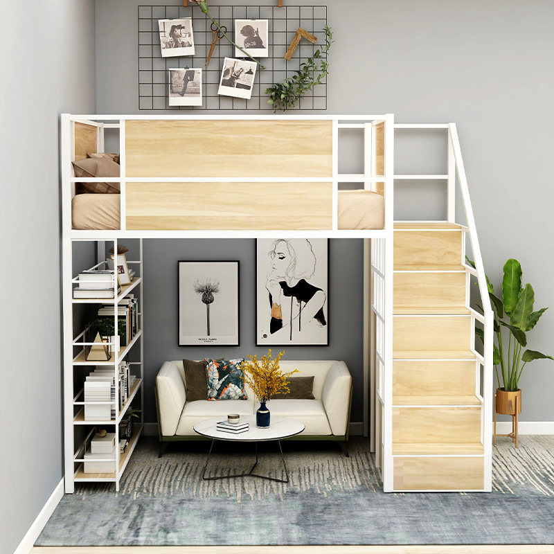Provincial space Double floor penthouse duplex high rack bed up and down Iron Art Bed Lower Table Small Family Apartment Loft Bed-Taobao