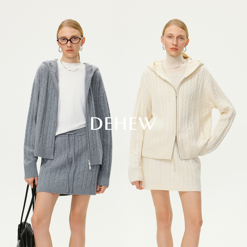Dehew/Butterfly River Merino Wool M1U Wind Twist Pattern Oversized Hooded Zipper Knit Cardigan and Skirt Set
