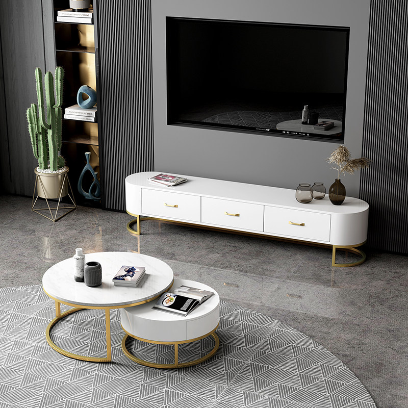 TV Cabinet Tea Table Combo Modern Minima White small family Living room Drawers Storage Ground Cabinet TV Enclosure Light Lavish