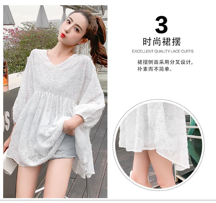 Áo sơ mi búp bê top xòe phiên bản Hàn Quốc rộng rãi và ngọt ngào màu trung đầm voan dài ngang eo che bụng siêu tuổi - Áo sơ mi chiffon ren