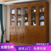 Solid wood bookcase with glass door with lock and floor combination Home Modern Chinese five doors office Three doors bookcase with door