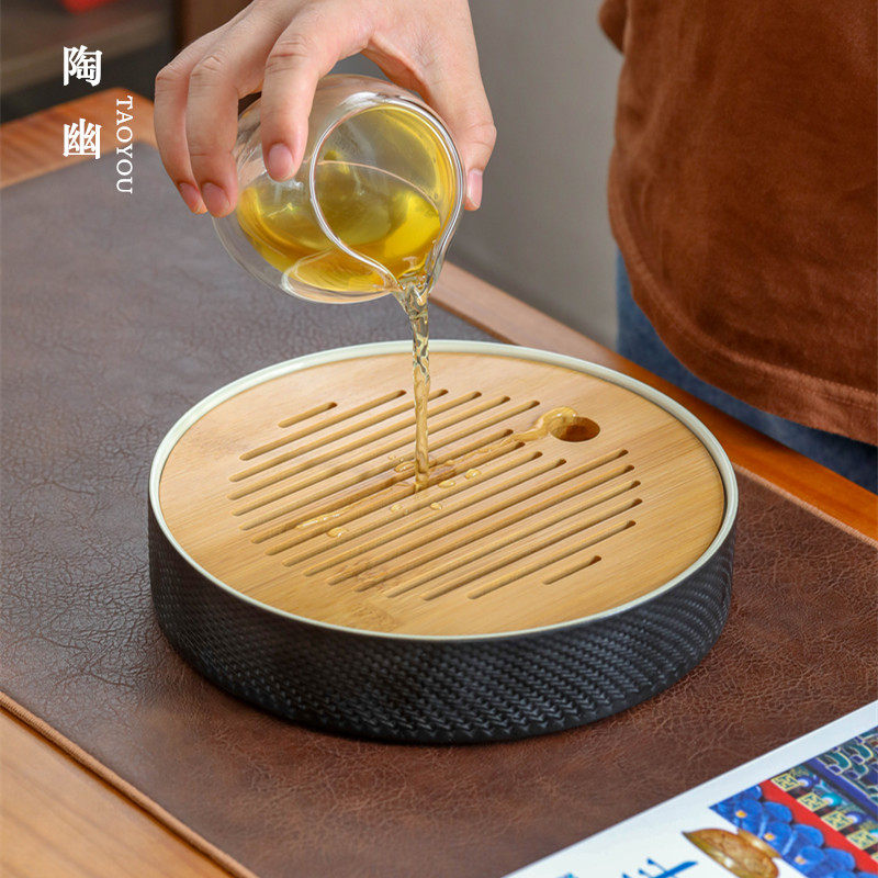 Taoyou ceramic tea tray tea sea Japanese-style small black rough pottery tea table tea set pot support pot for water storage household dry foam plate