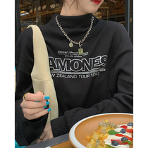 White water womens semi-high collar black wool sweater womens spring and autumn Korean version slim slim pullover long-sleeved top