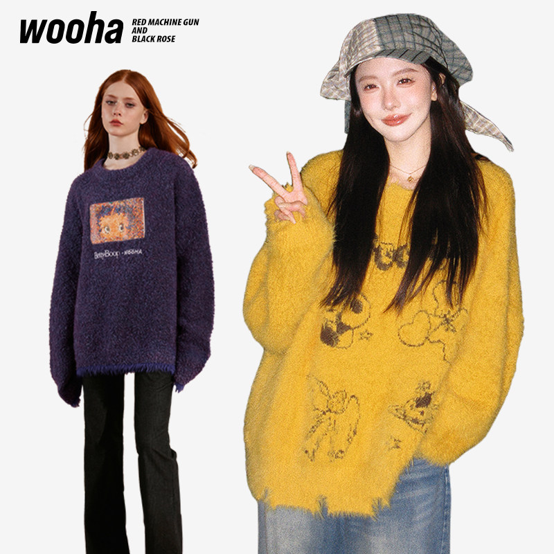 Woof Hare 2023 new loose 100 hitch ferret fur jacquard headsweaters Betty joint embroidered sweater-Taobao