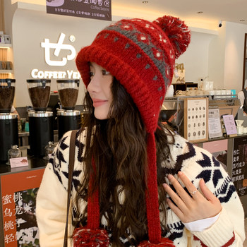 Fair isle style knitted hat for women red woolen hat