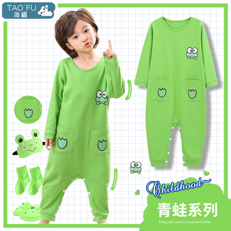 Xuân Thu trẻ em jumpsuits bông dài sleeveth cậu bé chống đá cartoon cô gái mùa hè quần áo nhà mỏng.