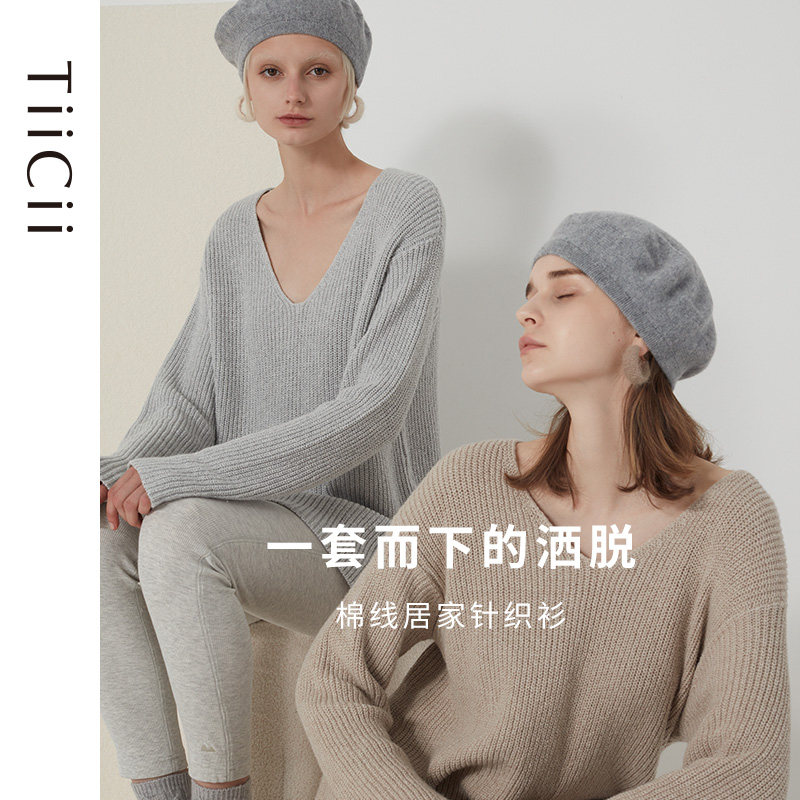 TiiCii Lazy Loose Cotton Pullover Sweater V-neck Drop Shoulder Sleeves Versatile Casual Homewear Knitwear