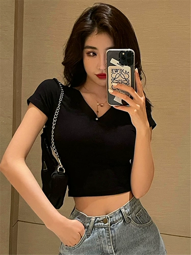 Tide, короткая футболка с коротким рукавом, V-образный вырез, облегающий крой, 2021 года, популярно в интернете, высокая талия