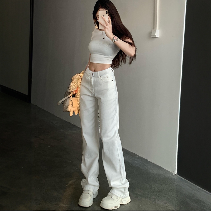 Li Li Clothing White High-Waisted Wide-Leg Jeans for Women, Size 26, New Summer Style, Slimming and Height-Enhancing, Versatile Jeans