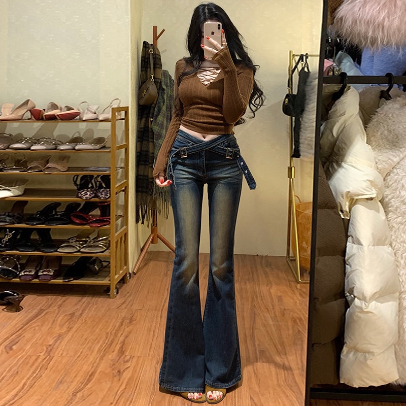 Li Li's Retro Hot Girl Cross-Belt Mid-Low Waist Jeans for Women 2026 Summer Slimming Flared Pants Li Li's Retro Hot Girl Cross-Belt Mid-Low Waist Jeans for Women 2026 Summer Slimming Flared Pants