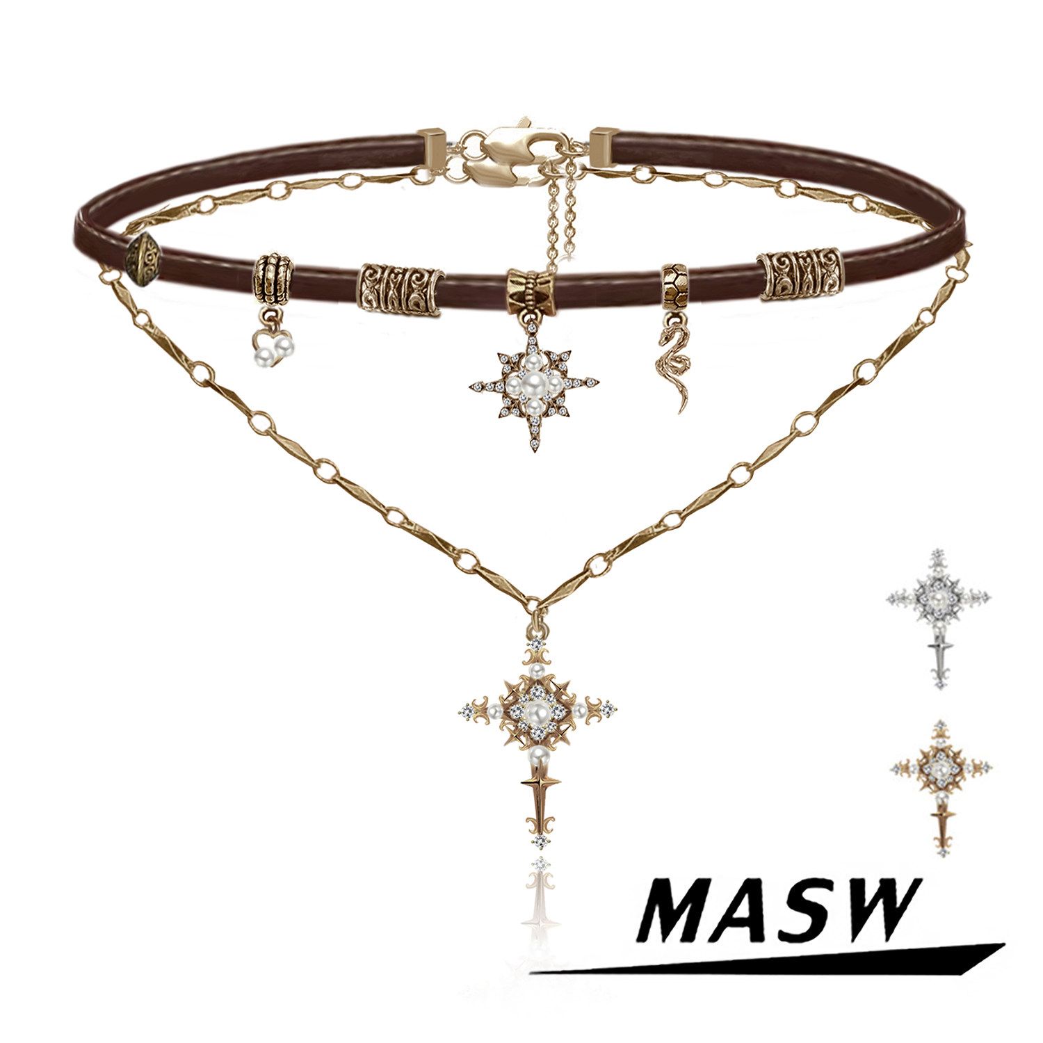 MASW Original Design Retro Series Sweet and Cool Star Cross Necklace, Merard Leather Necklace, Sweater Chain